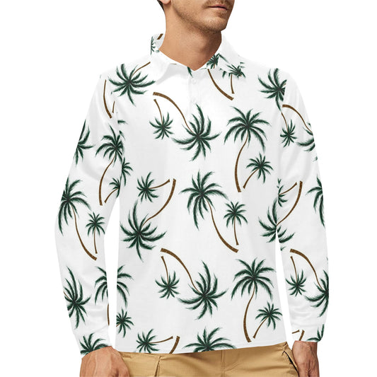 Palm Tree Pattern Print Design PT07 Long Sleeve Polo Shirt For Men's