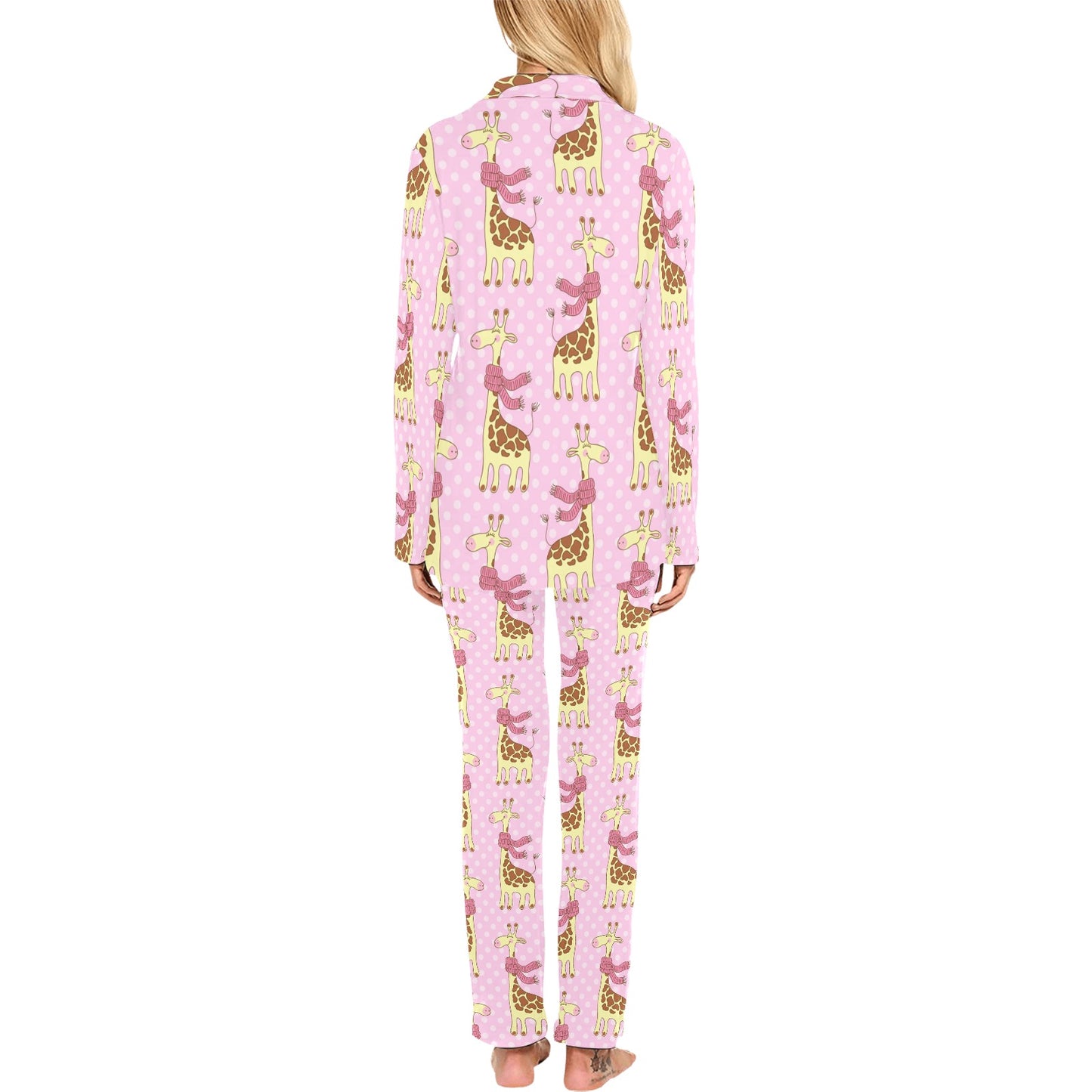 Giraffe Cute Pink Polka Dot Print Women's Long Pajama Set