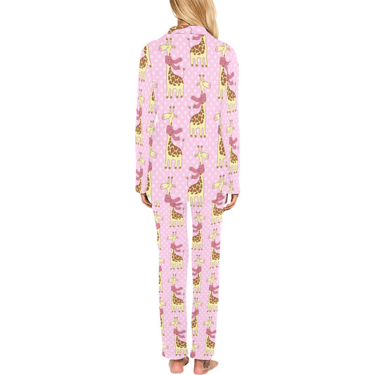 Giraffe Cute Pink Polka Dot Print Women's Long Pajama Set
