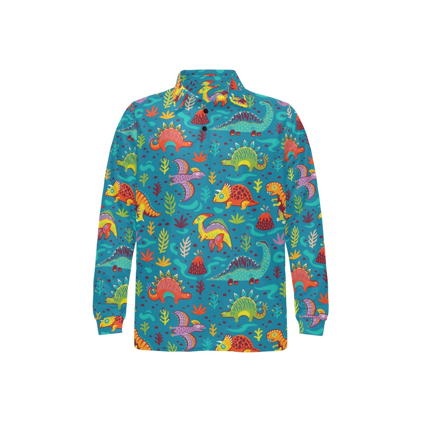 Dinosaur Cartoon Style Long Sleeve Polo Shirt For Men's