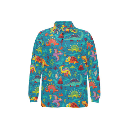 Dinosaur Cartoon Style Long Sleeve Polo Shirt For Men's