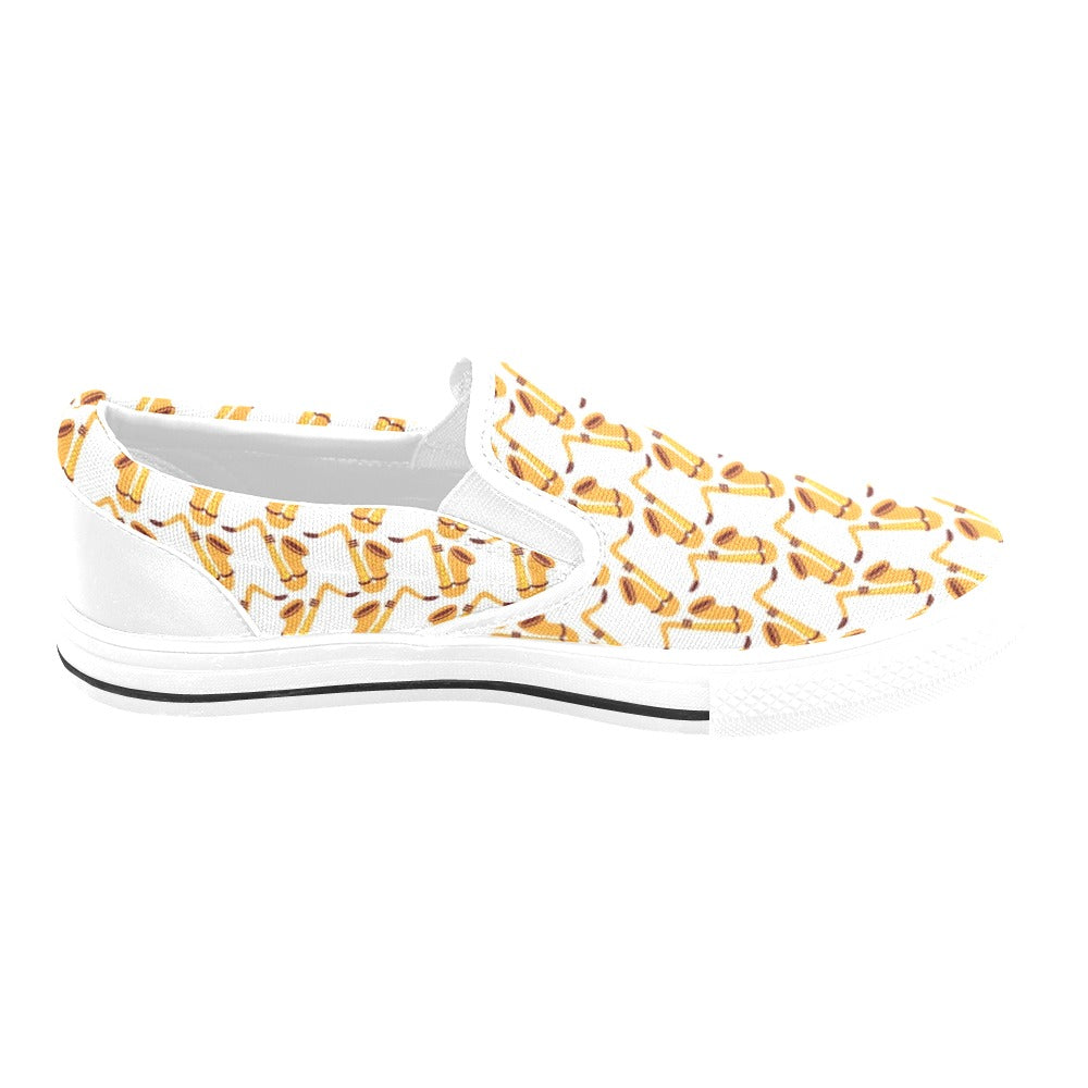 Saxophone Print Design LKS404 White Slip Ons Canvas Women's Shoes