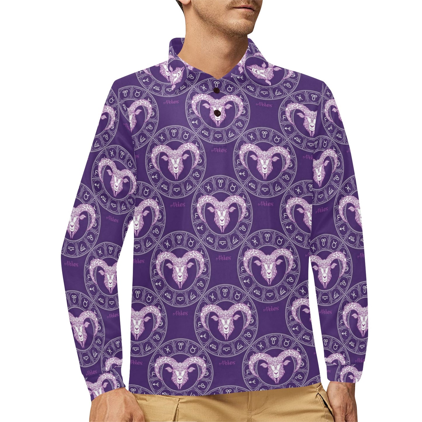 Aries Zodiac Pattern Print Design 02 Long Sleeve Polo Shirt For Men's