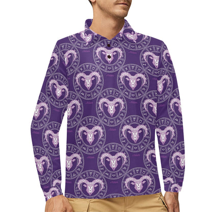 Aries Zodiac Pattern Print Design 02 Long Sleeve Polo Shirt For Men's