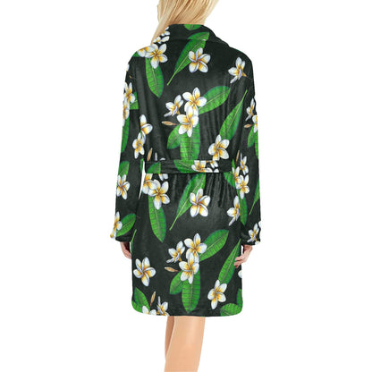 White Plumeria Pattern Print Design PM023 Women's Fleece Robe