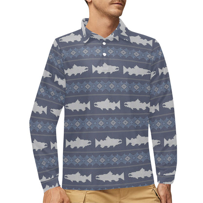 Salmon Fish Knit Style Print Design LKS304 Long Sleeve Polo Shirt For Men's