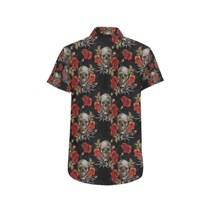 Spider Web Skull Rose Print Design LKS305 Men Short Sleeve Button Up Shirt