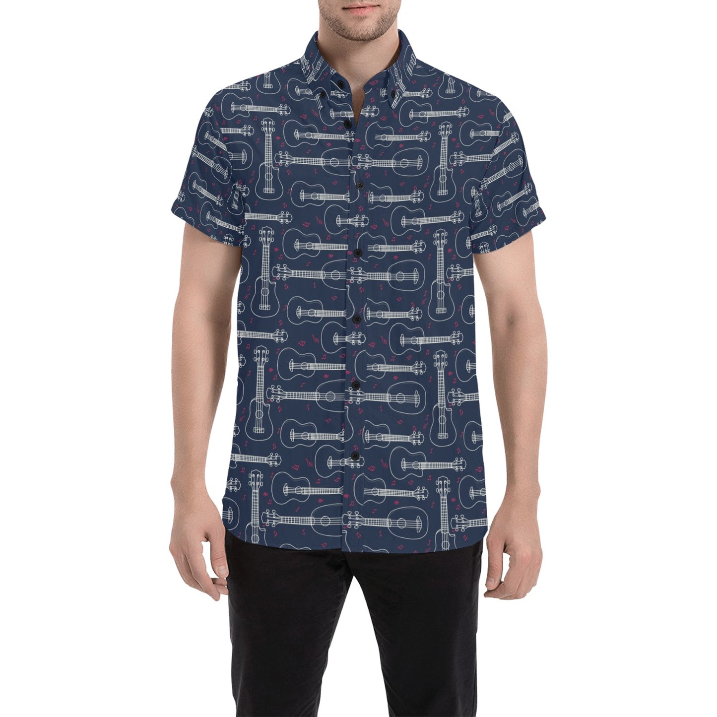 Ukulele Print Design LKS401 Men Short Sleeve Button Up Shirt