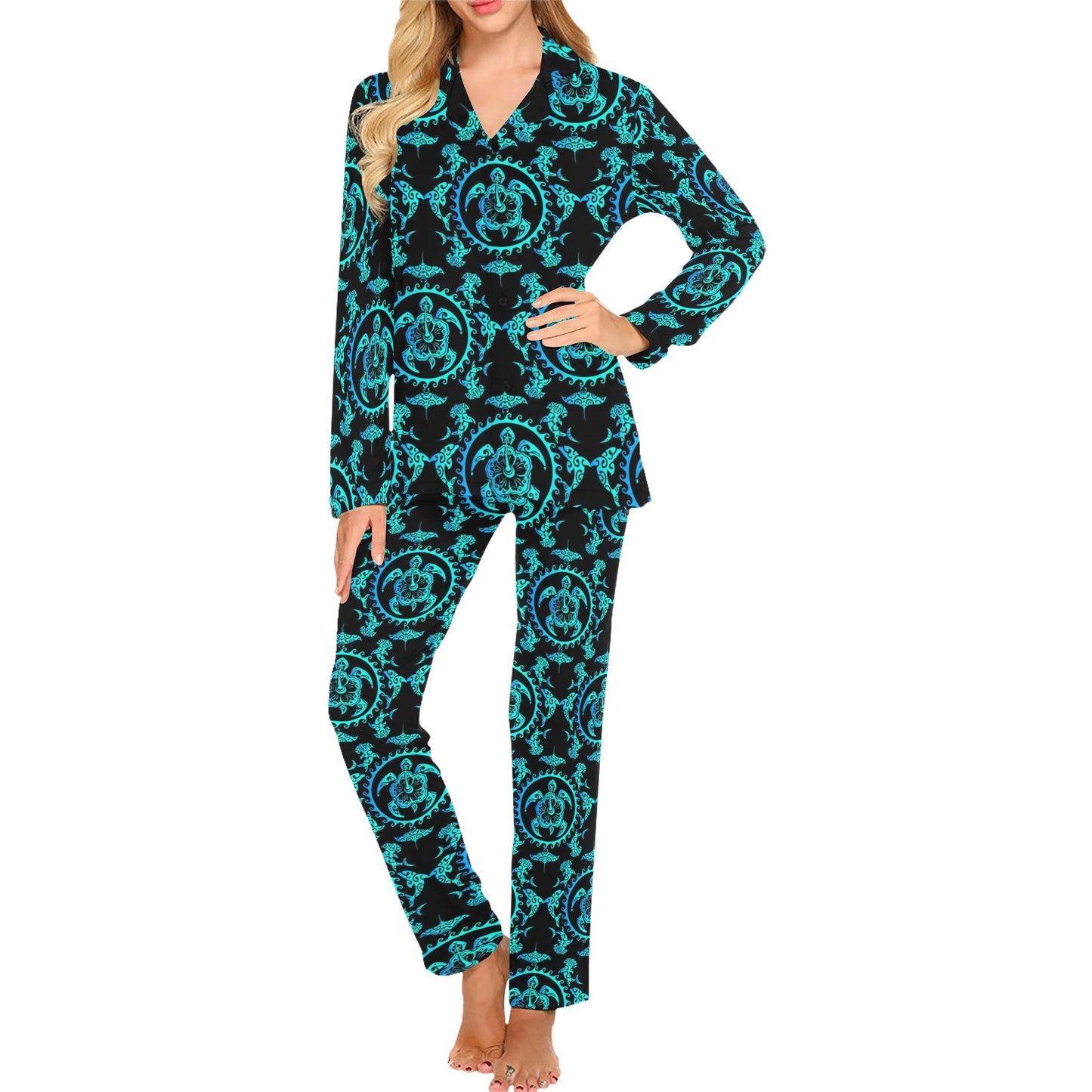 turquoise Tribal Sea Turtle Hawaiian Women's Long Pajama Set