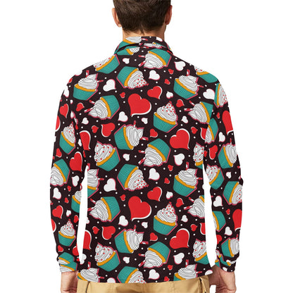 Cupcakes Heart Print Pattern Long Sleeve Polo Shirt For Men's
