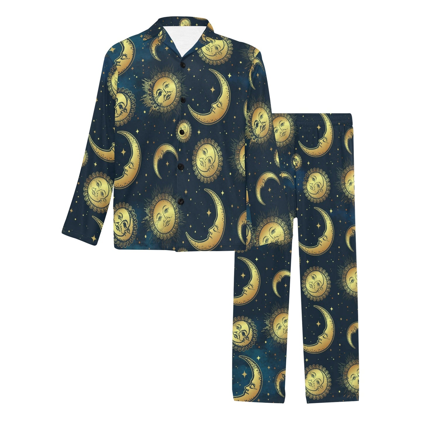 Gold Sun Moon Face Men's Long Pajama Set