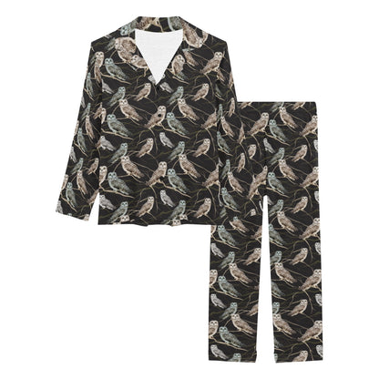 Owl Branch Themed Design Print Women's Long Pajama Set