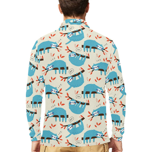 Sloth Print Design LKS3011 Long Sleeve Polo Shirt For Men's