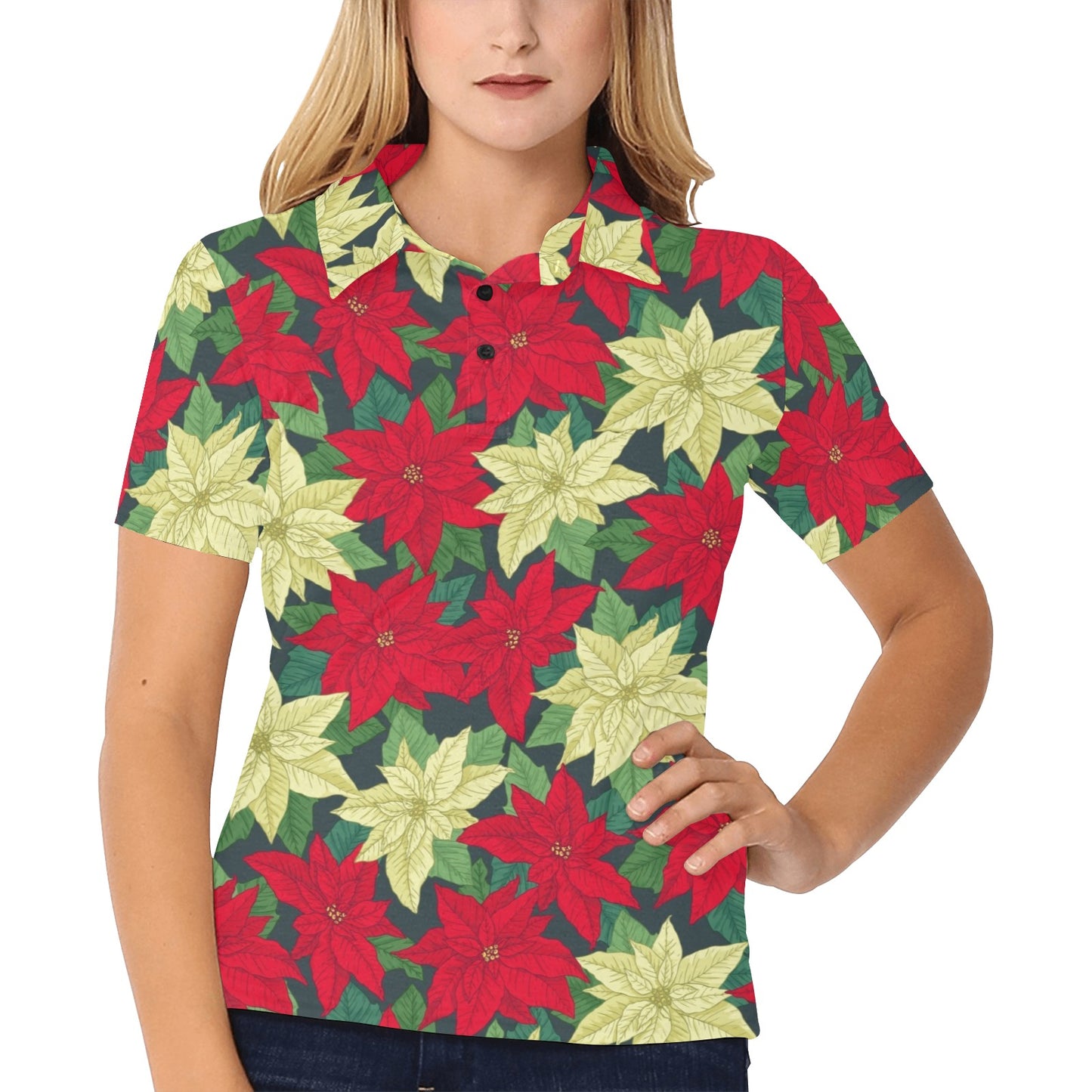 Poinsettia Pattern Print Design POT06 Women's Polo Shirt