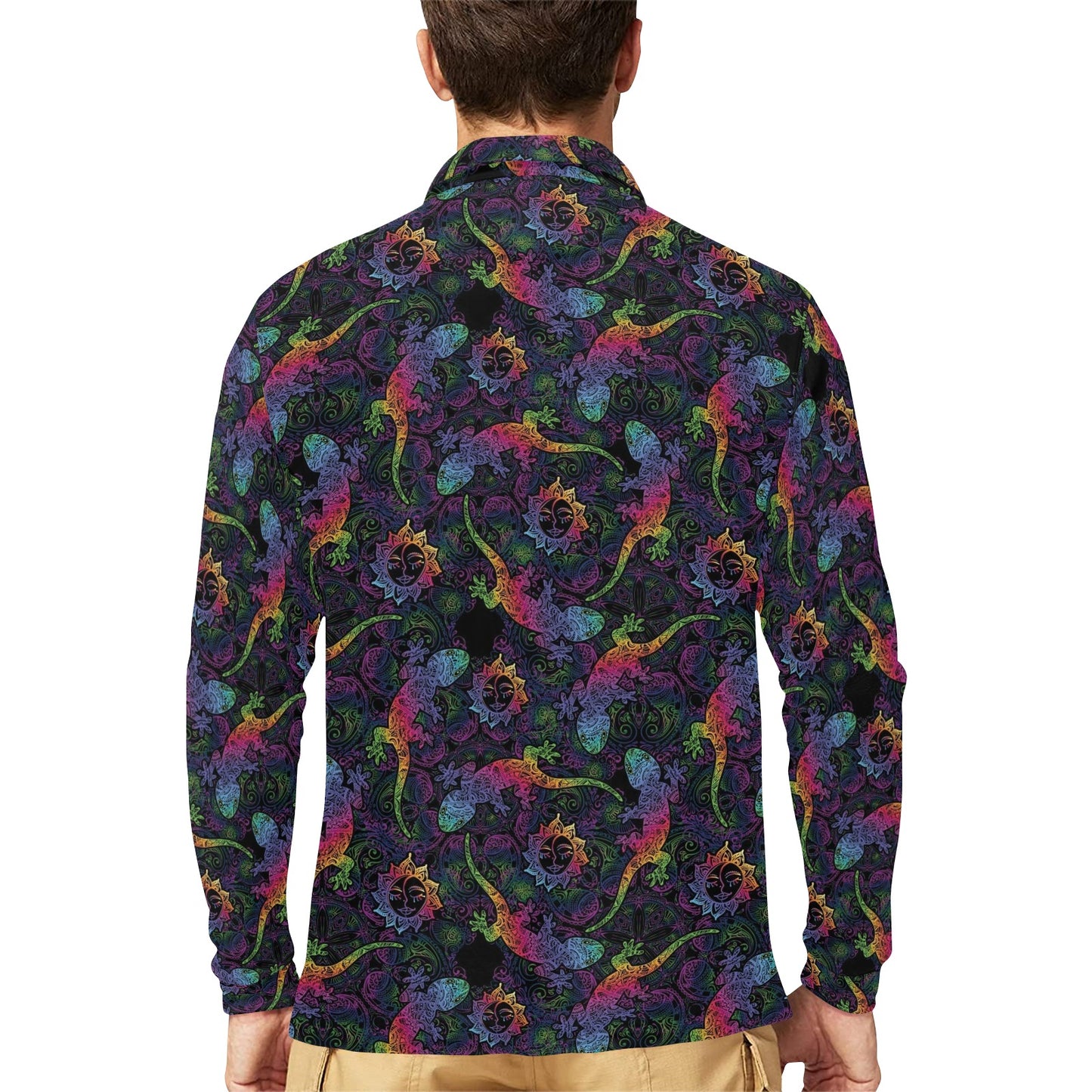Gecko Rainbow Pattern Print Design 03 Long Sleeve Polo Shirt For Men's