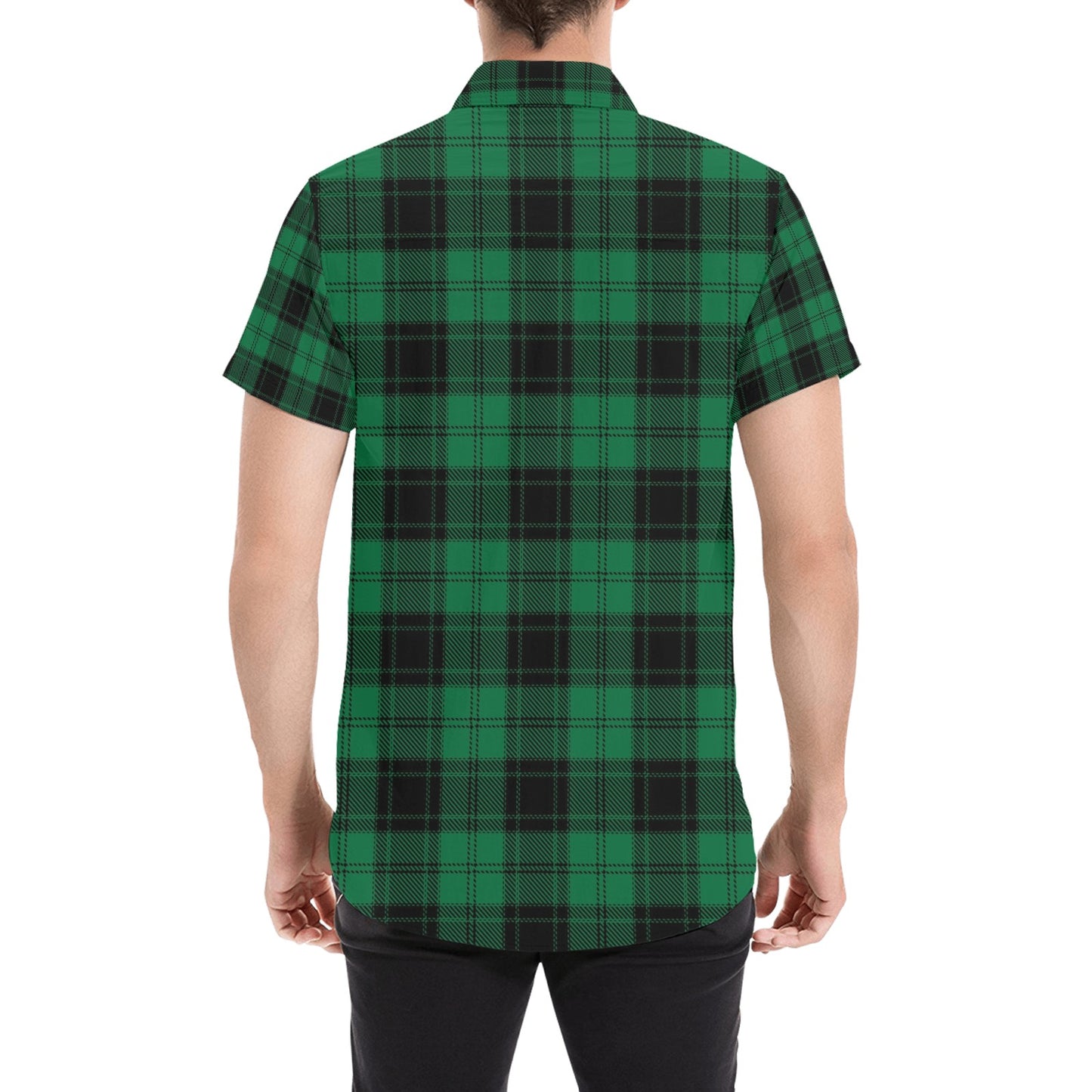 Tartan Green Print Design LKS302 Men Short Sleeve Button Up Shirt