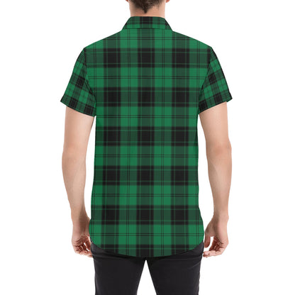 Tartan Green Print Design LKS302 Men Short Sleeve Button Up Shirt