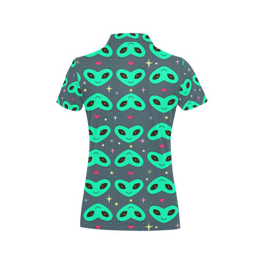 Alien Head Heart Pattern Print Design 03 Women's Polo Shirt