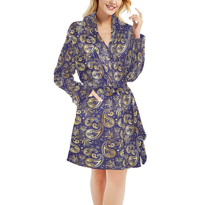 Paisley Blue Yellow Design Print Women's Fleece Robe