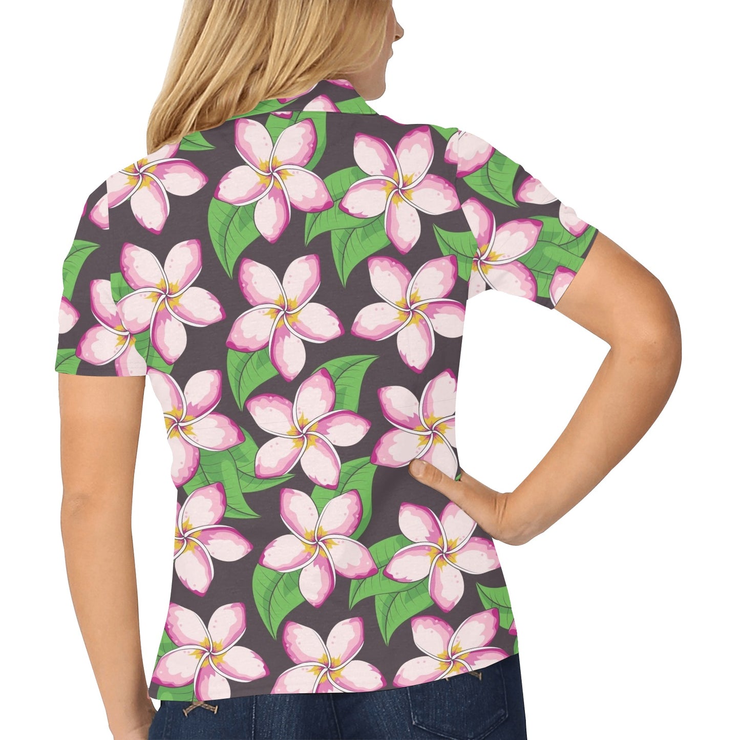 Pink Plumeria Pattern Print Design PM019 Women's Polo Shirt