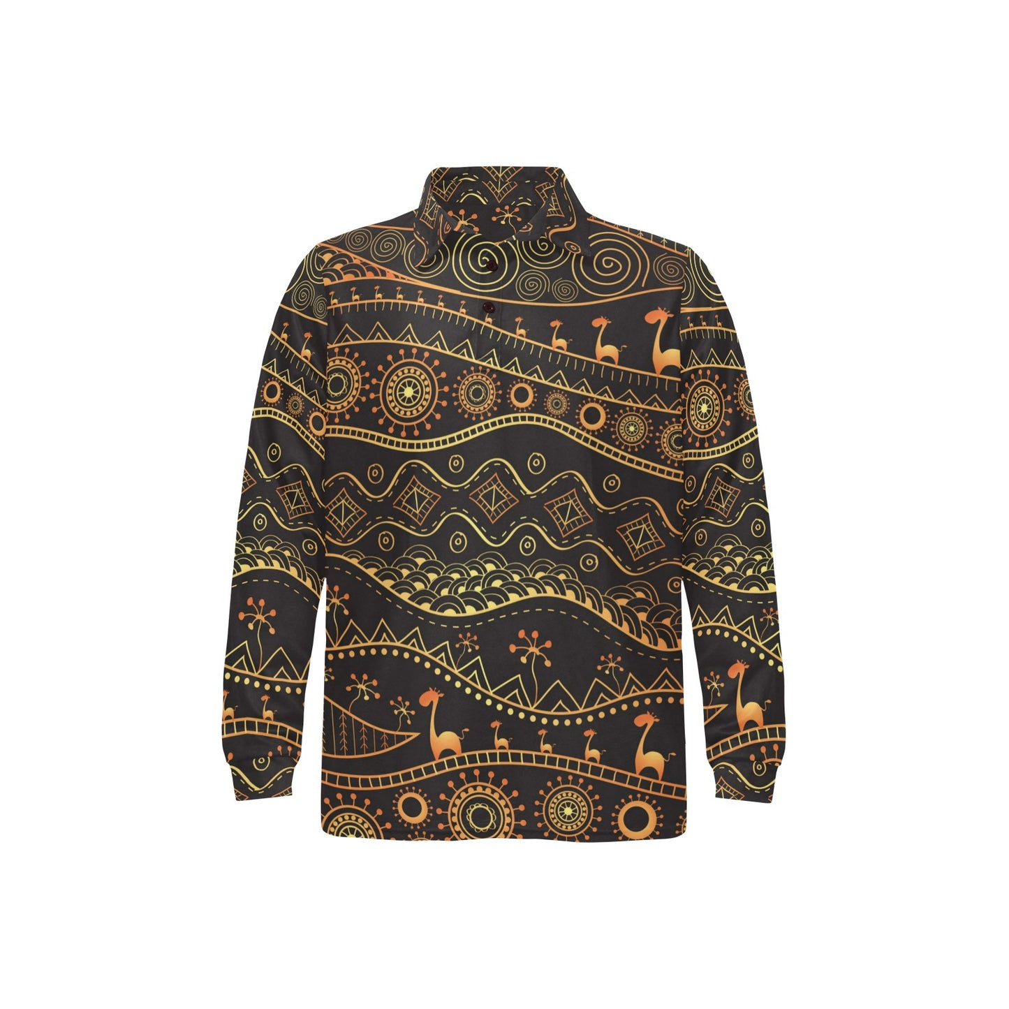 Gold African Design Long Sleeve Polo Shirt For Men's