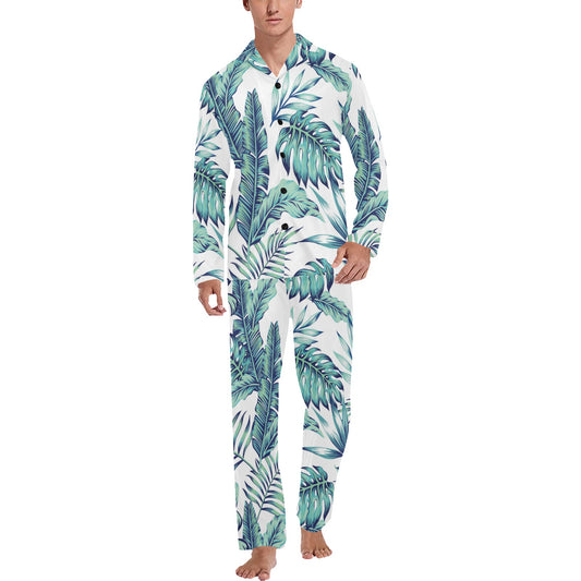 Pattern Tropical Palm Leaves Men's Long Pajama Set