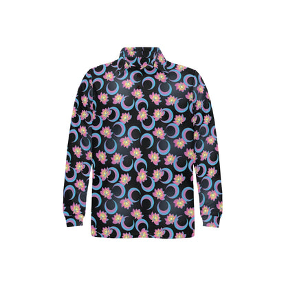 Lotus with Moon Pink Print Themed Long Sleeve Polo Shirt For Men's