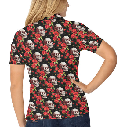 Red Rose Skull Design Print Women's Polo Shirt