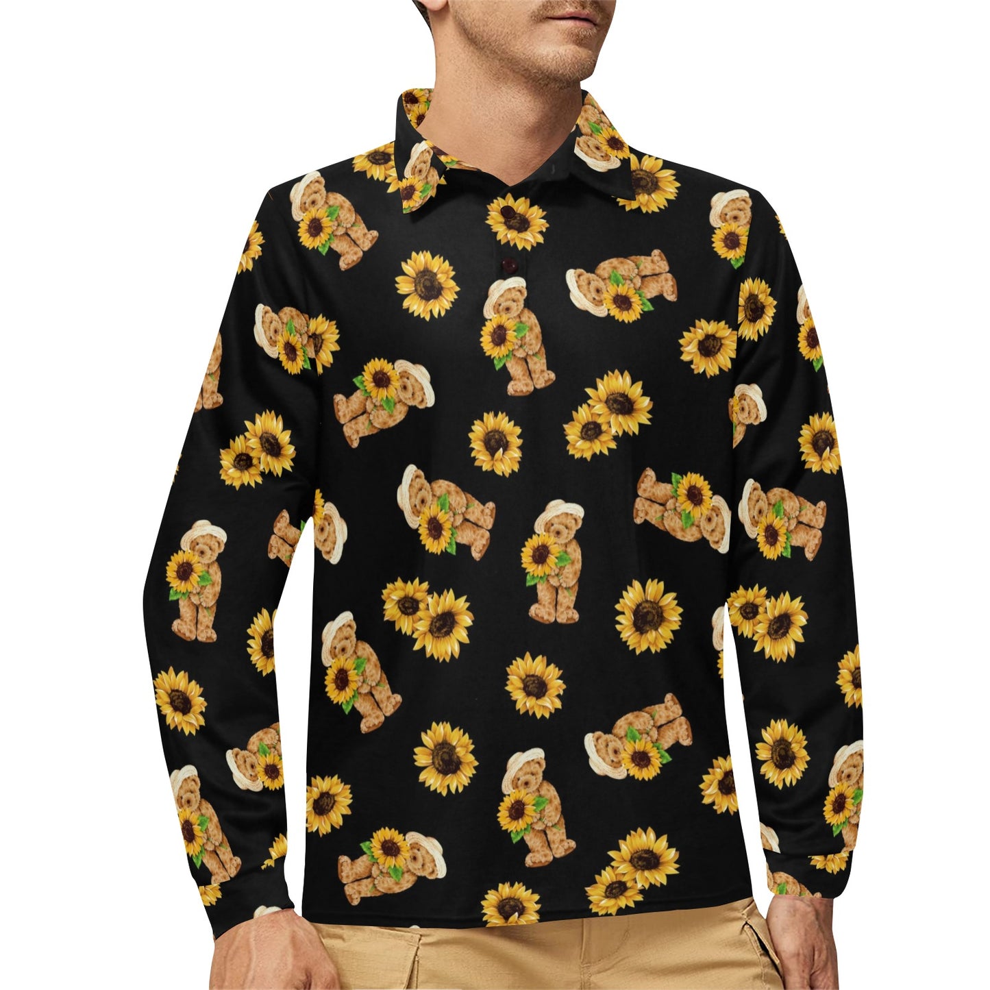 Sunflower Pattern Print Design SF016 Long Sleeve Polo Shirt For Men's