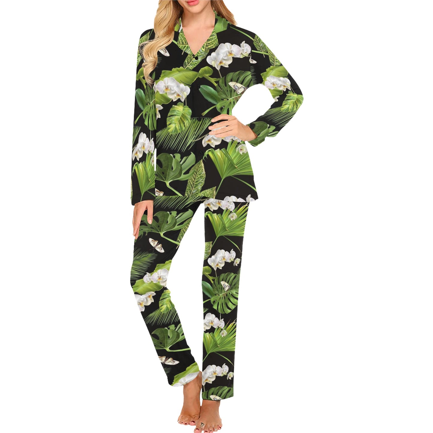 Tropical Flower Pattern Print Design TF026 Women's Long Pajama Set