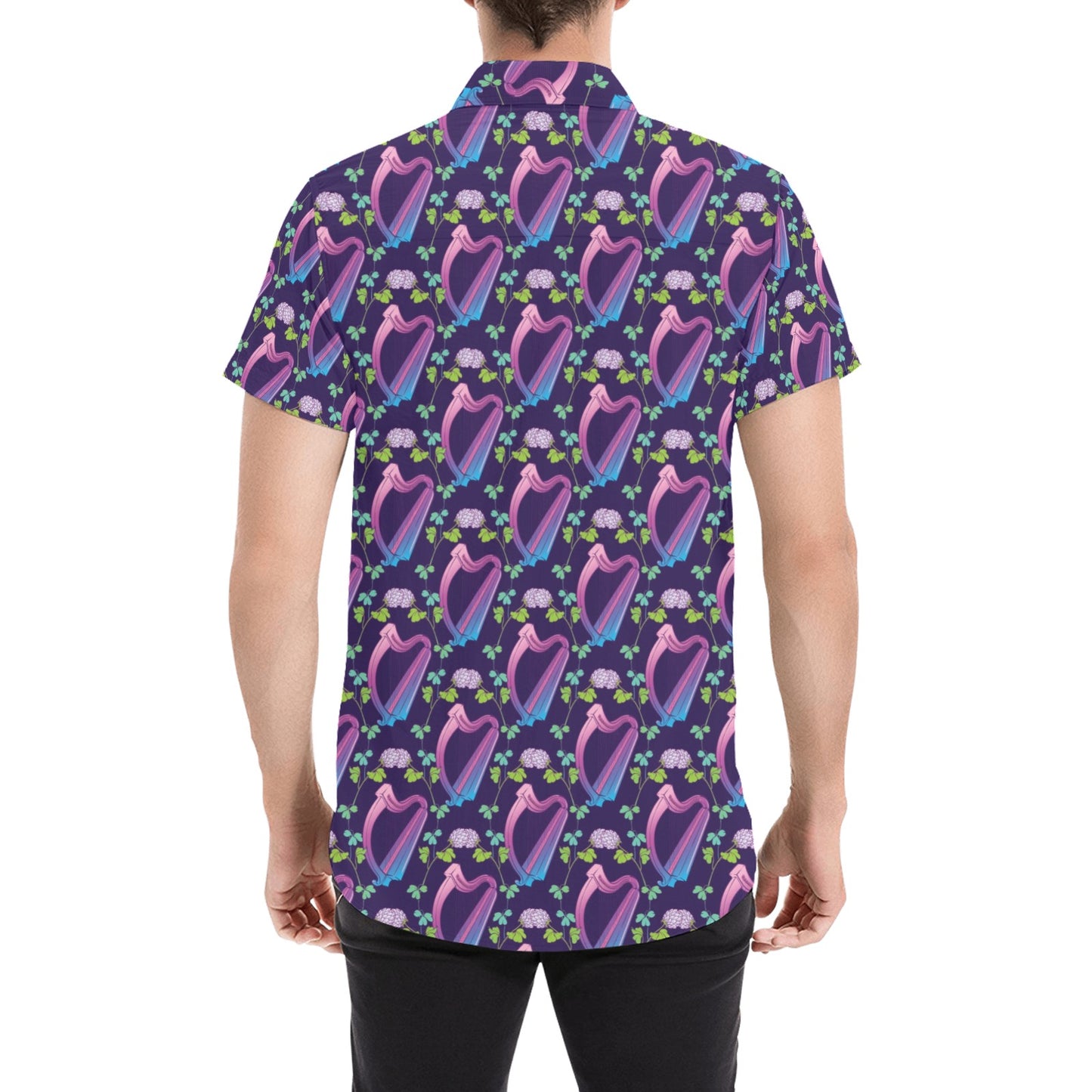 Harp Print Design LKS403 Men Short Sleeve Button Up Shirt