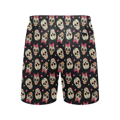 Sugar Skull Pink Bow Themed Print Men's Swim Trunks Beach Shorts