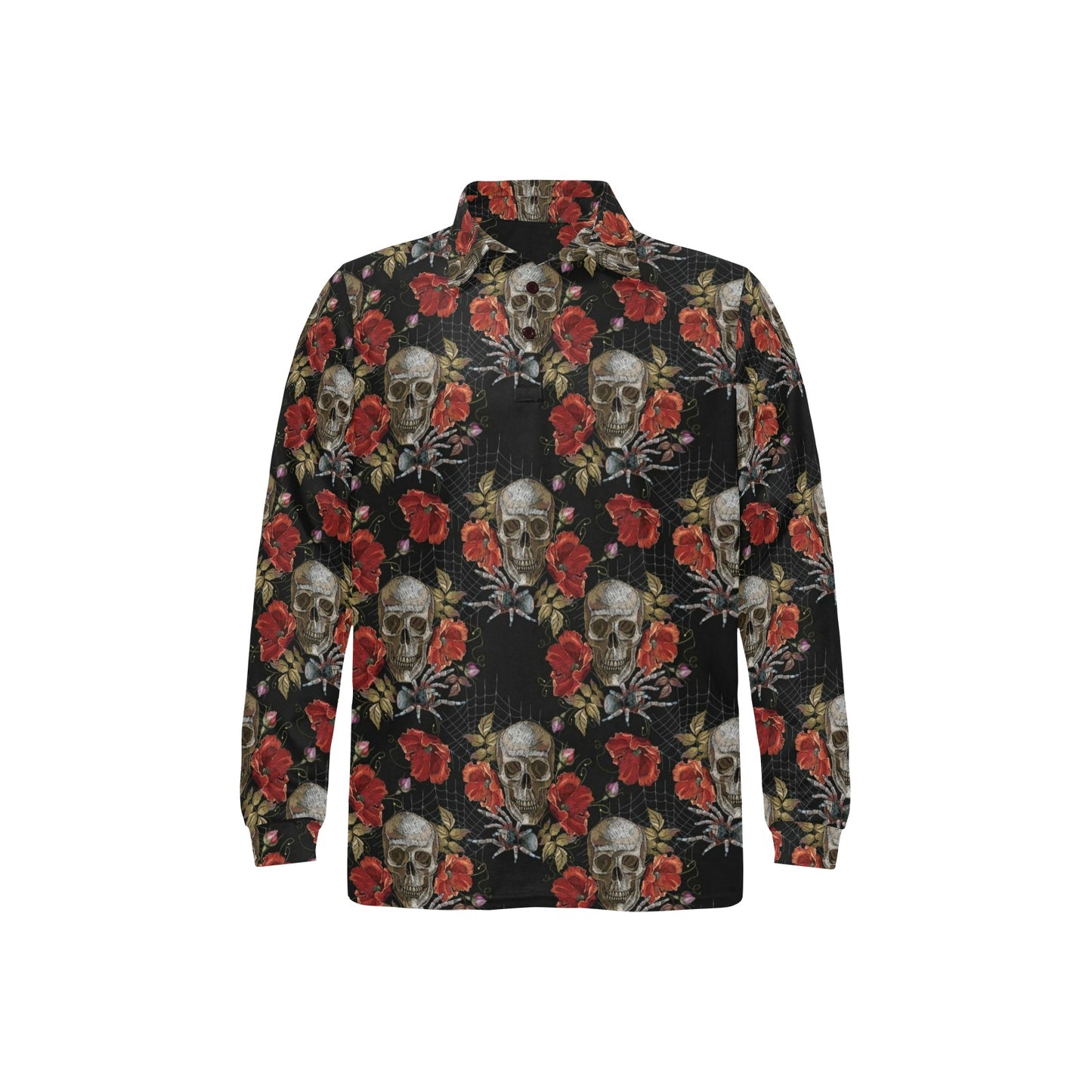 Spider Web Skull Rose Print Design LKS305 Long Sleeve Polo Shirt For Men's
