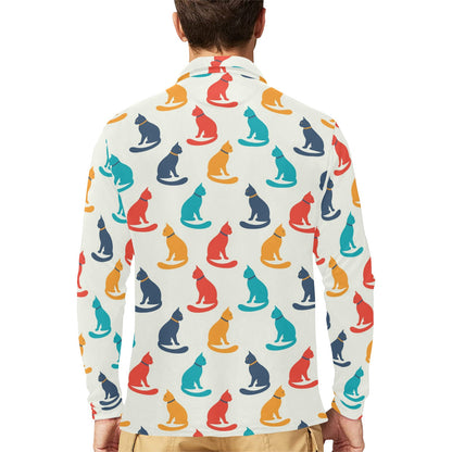 Cat Pattern Print Design 03 Long Sleeve Polo Shirt For Men's