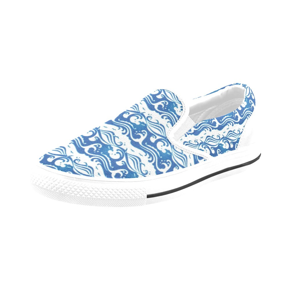 Wave Print Design LKS303 White Slip Ons Canvas Women's Shoes