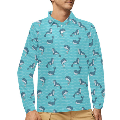 Whale Print Design LKS303 Long Sleeve Polo Shirt For Men's