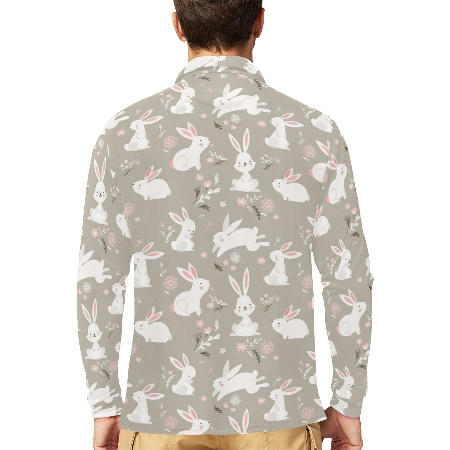 Rabbit Pattern Print Design RB03 Long Sleeve Polo Shirt For Men's