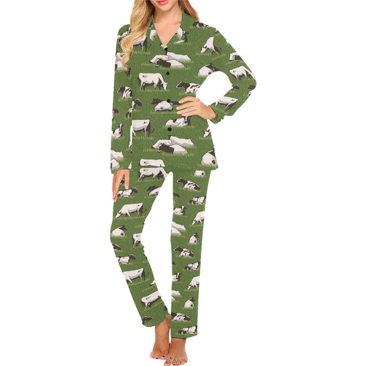 Cow on Grass Print Pattern Women's Long Pajama Set