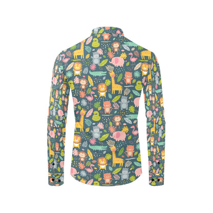 Safari Animal Cartoon Print Design LKS305 Men's Long Sleeve Dress Shirt