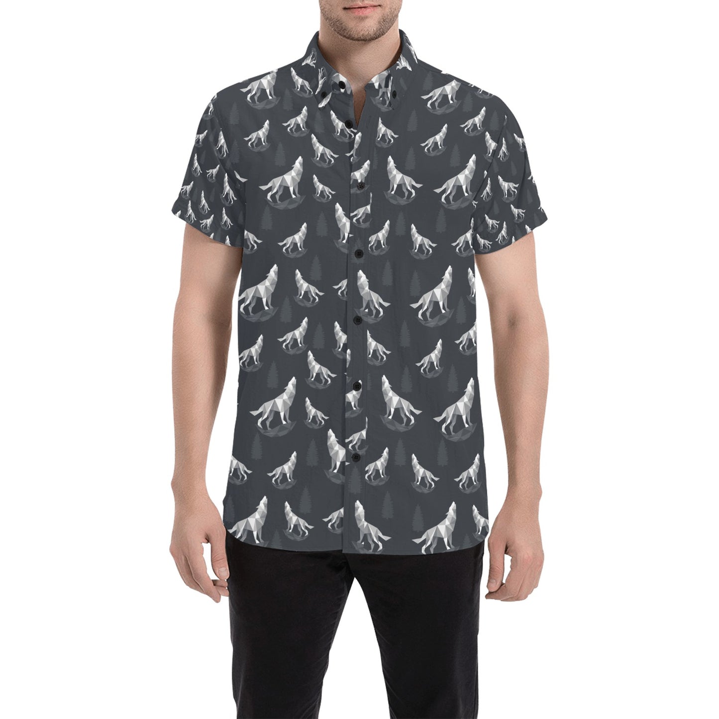 Wolf Print Design LKS303 Men Short Sleeve Button Up Shirt