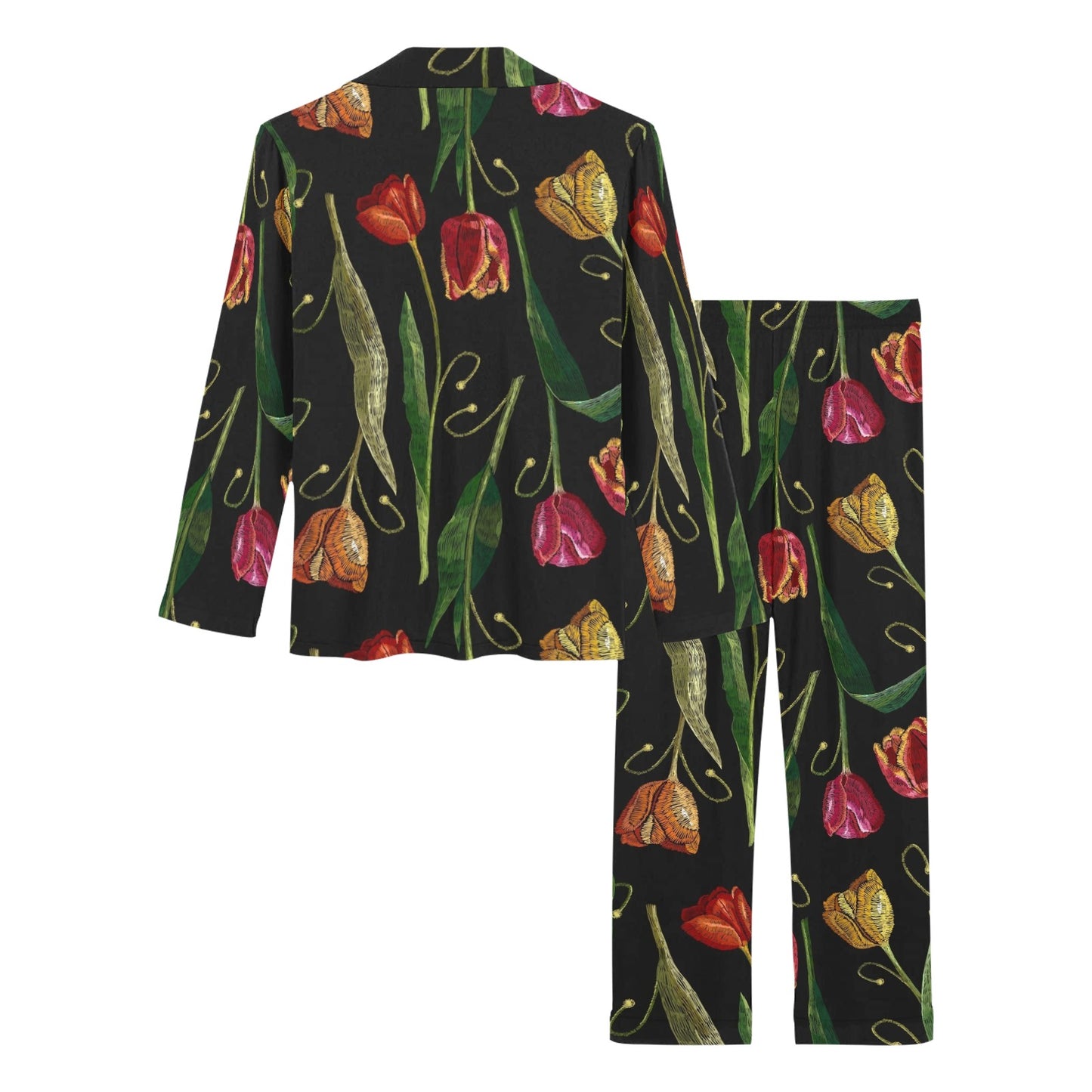 Tulip Embroidered Pattern Print Design TP01 Women's Long Pajama Set