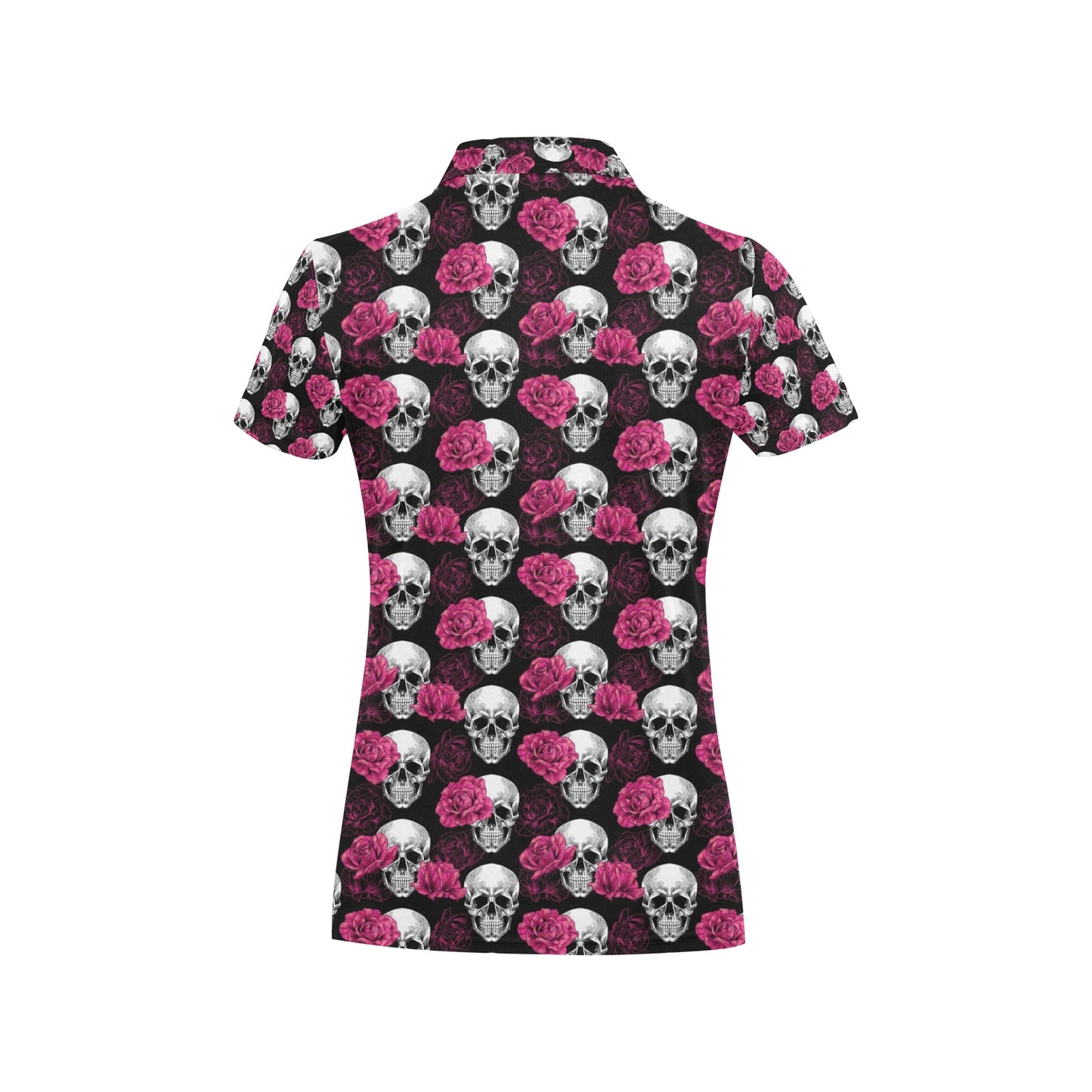Pink Rose Skull Themed Print Women's Polo Shirt