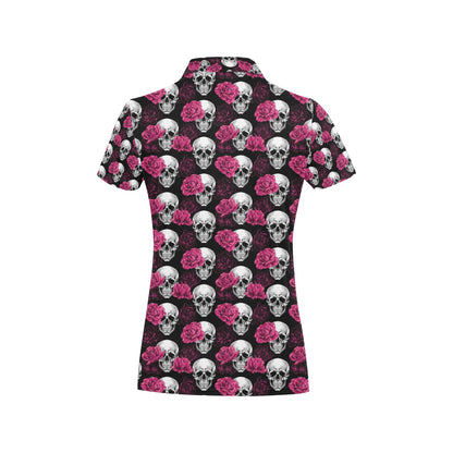 Pink Rose Skull Themed Print Women's Polo Shirt