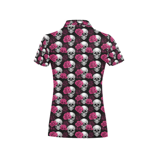 Pink Rose Skull Themed Print Women's Polo Shirt