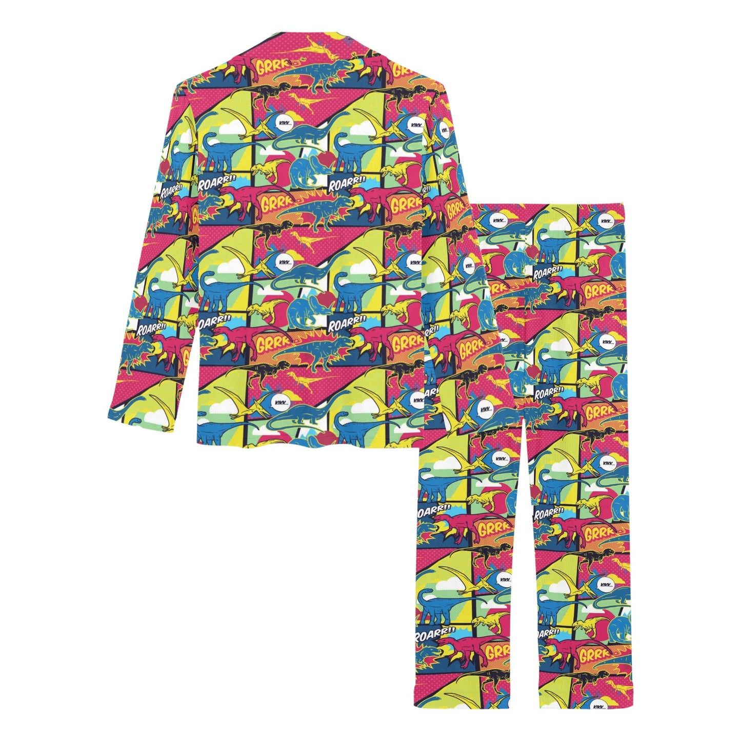 Dinosaur Comic Pop Art Style Women's Long Pajama Set