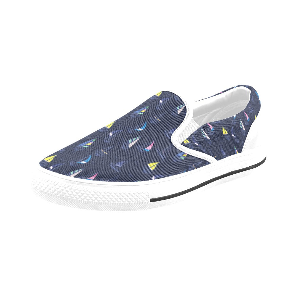 Sailboat Print Design LKS305 White Slip Ons Canvas Women's Shoes