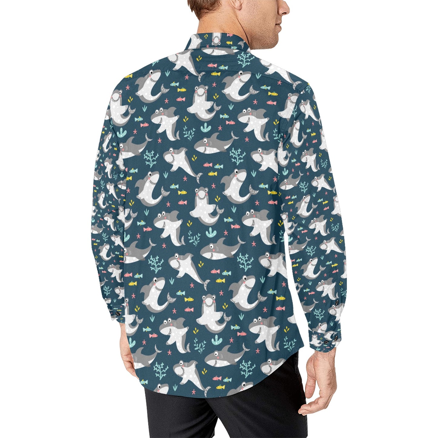 Shark Print Design LKS307 Men's Long Sleeve Dress Shirt