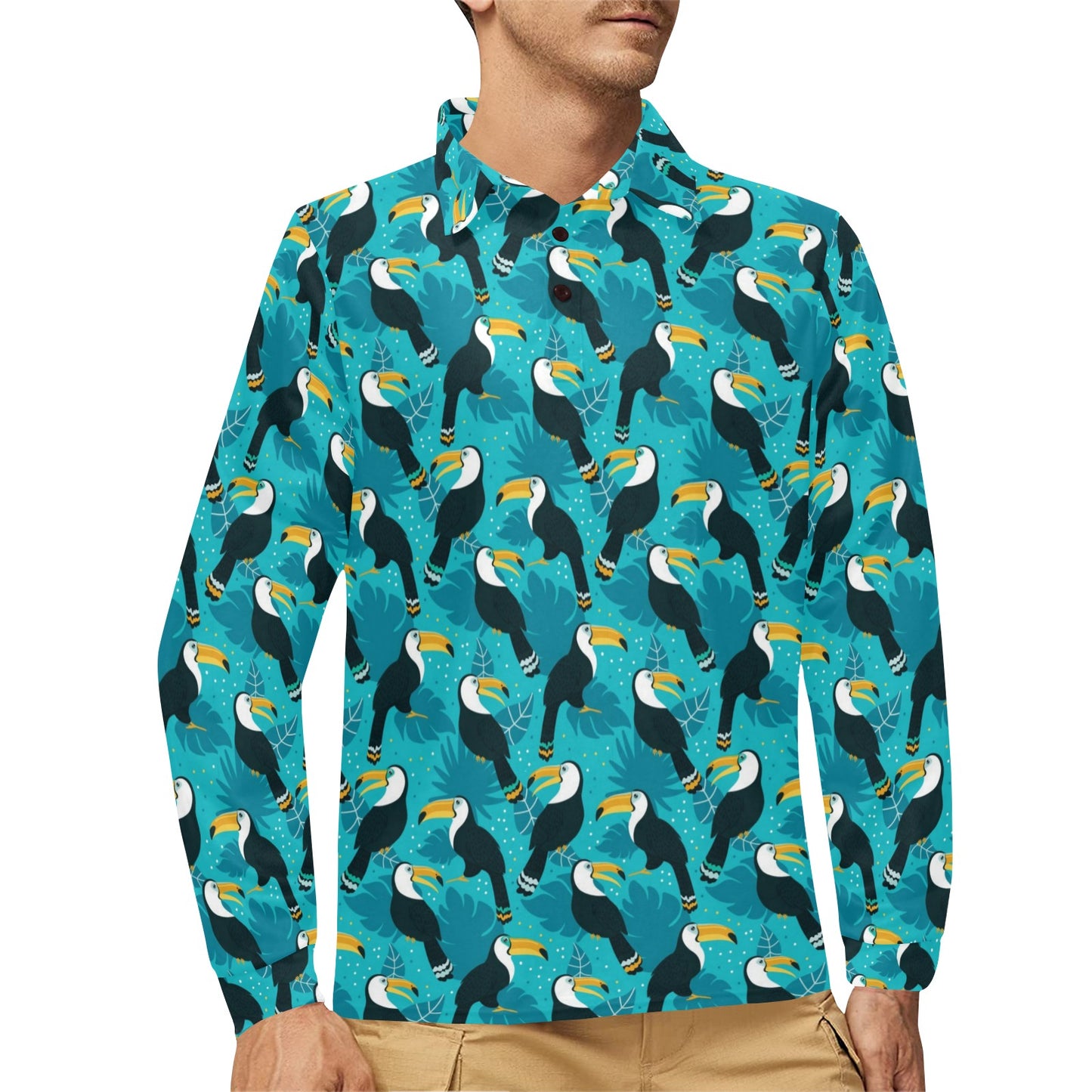 Toucan Parrot Pattern Print Long Sleeve Polo Shirt For Men's