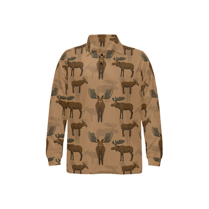 Moose Pattern Print Design 03 Long Sleeve Polo Shirt For Men's