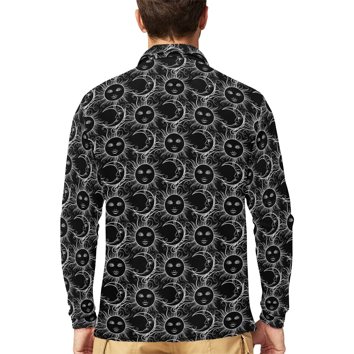 Sun Moon White Design Themed Print Long Sleeve Polo Shirt For Men's